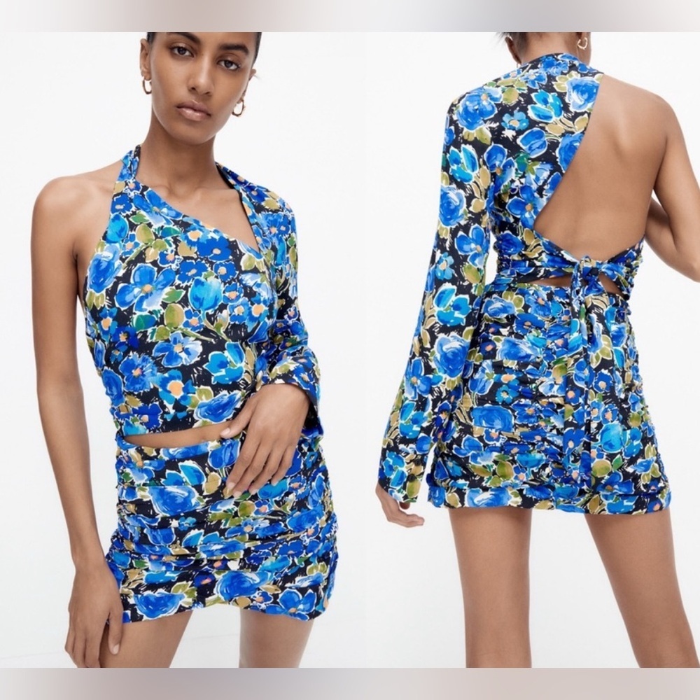 Zara blue floral mini skirt and top, XS